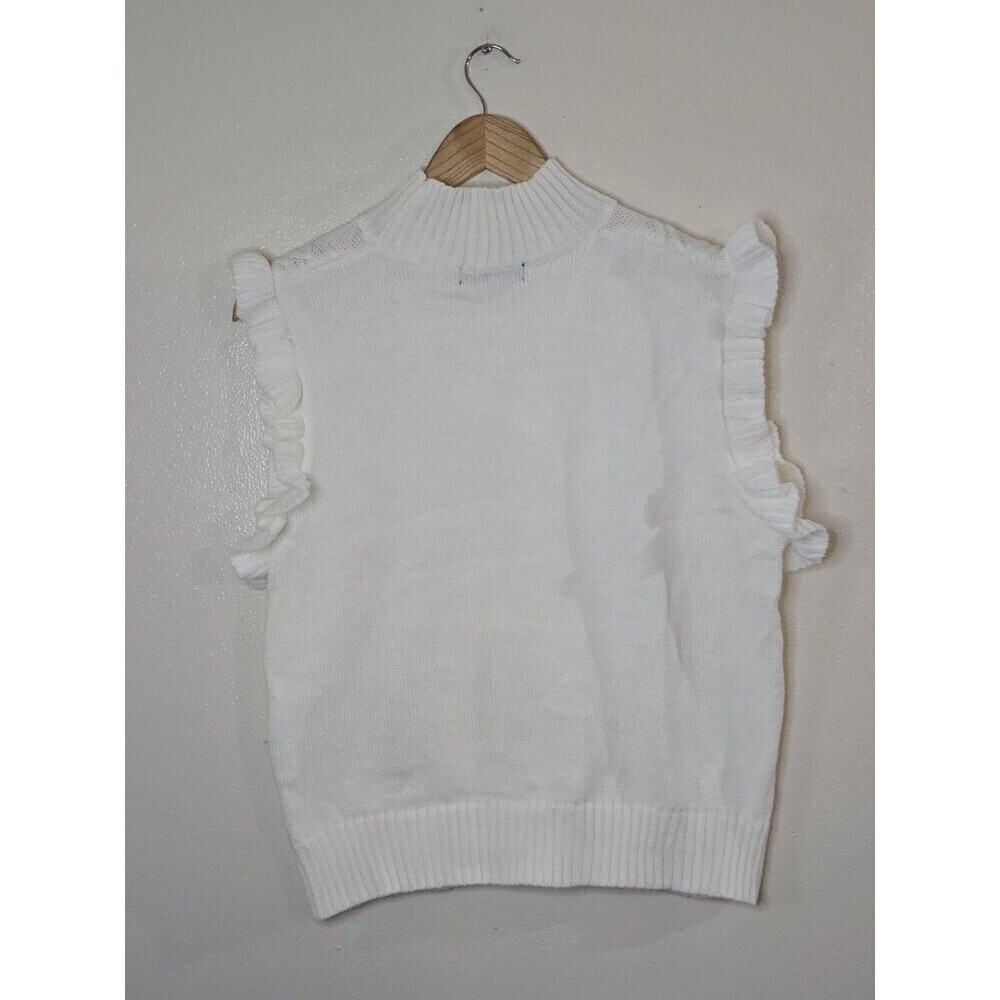 Allegra K White Cable Knit Sweater Vest Ruffle Sleeve Mock Neck Top Size M - Picture 8 of 11